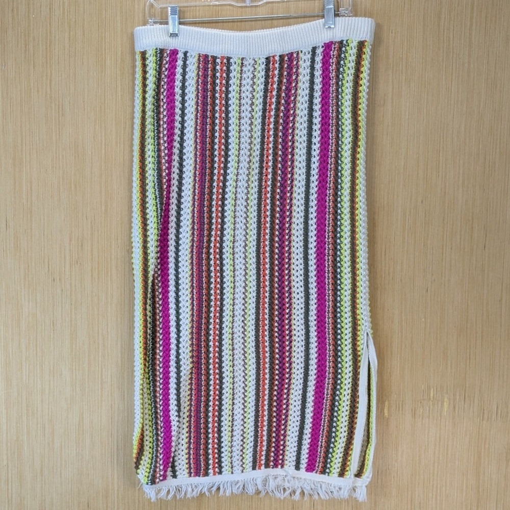 Old Navy Women Boho Rainbow Crochet Knit Midi Skirt Size L Striped Fringe Cotton